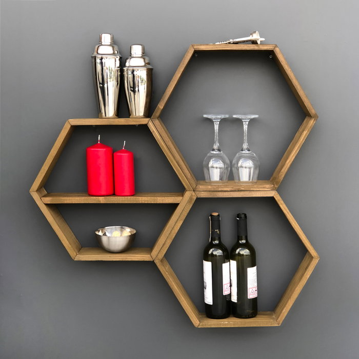 Hanah Home Hex004 Estantería de pared de madera de abeto, Nogal (3 Piezas)